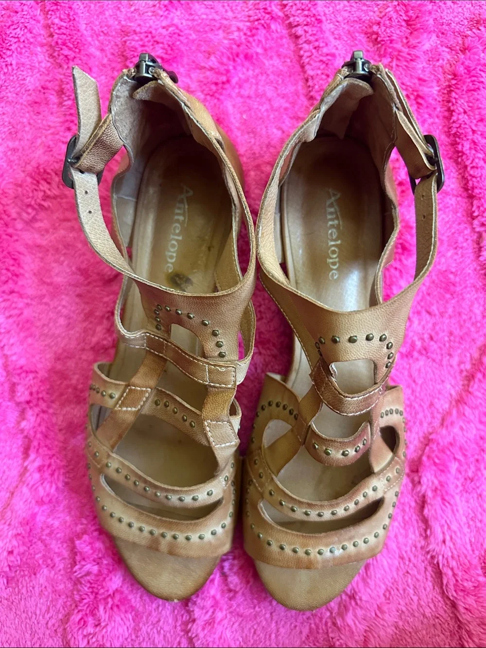 Antelope Tan Studded Strappy Block Heel boho Sandals